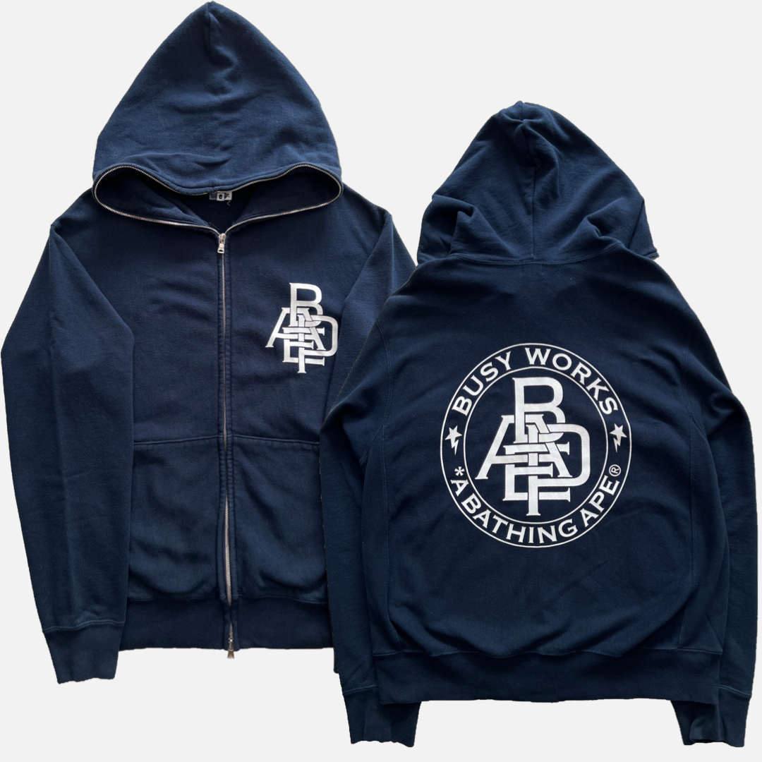 BAPE NAVY BUSY WORKS HOODIE [M]