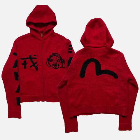 EVISU RED KNITTED WOOL HOODIE [L]