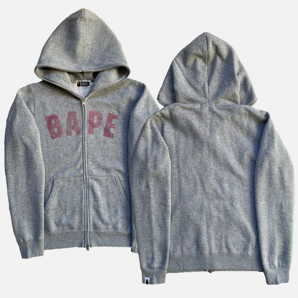 BAPE GREY FULL ZIP HOODIE PINK LOGO [S]